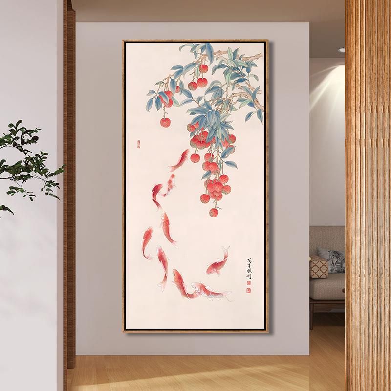 新中式九鱼图玄关画进门入户装饰画年年有鱼走廊挂画楼梯间墙壁画图片