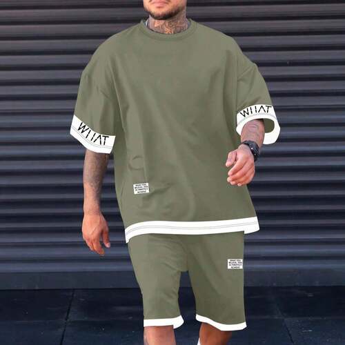 Size Men's Letter Print Tee & Shorts Set Crew Neck Short
