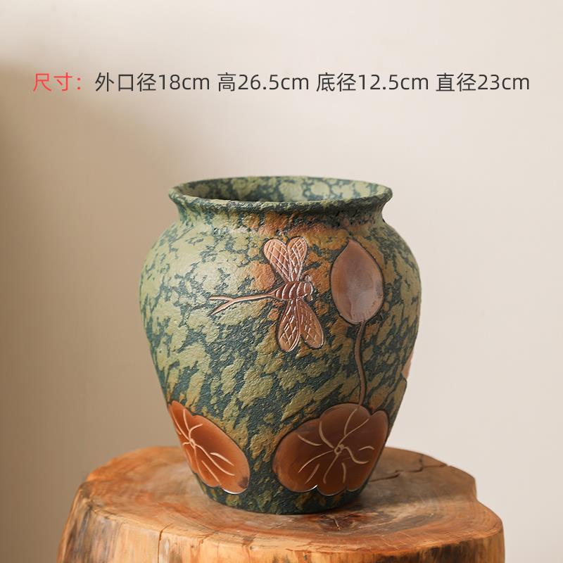 高档景德陶瓷花瓶覆陶古粗陶诧寂风摆件工法式罐镇花盆绿植手雕刻