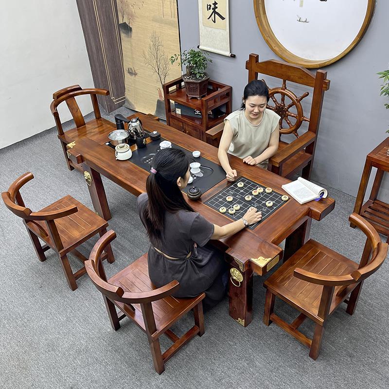 实木茶桌椅组合一桌五椅办公室轻奢一体套装家用茶几老船木泡茶台