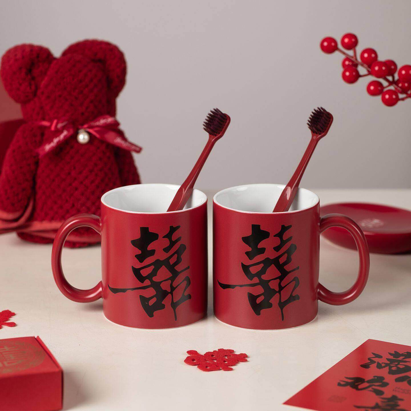 结婚洗漱杯套装一对新婚情侣刷牙杯红色陶瓷家用漱口杯陪嫁妆物品