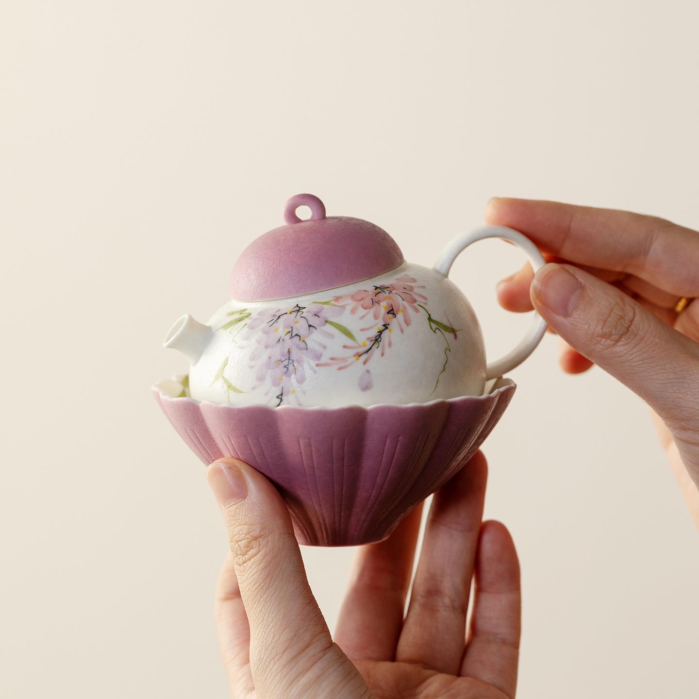 弥言手绘紫藤花陶瓷一壶一杯便携式旅行茶具套装一人饮送闺蜜高档
