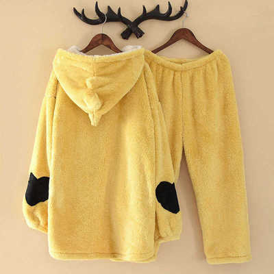 情侣法兰绒睡衣套装男女士可外穿家居服长袖长裤卡通连帽一件代发