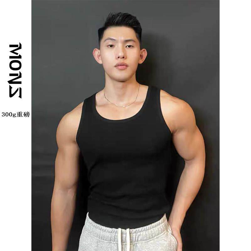 美式重磅纯棉螺纹背心男款打底汗衫修身无袖运动健身外穿坎肩白色