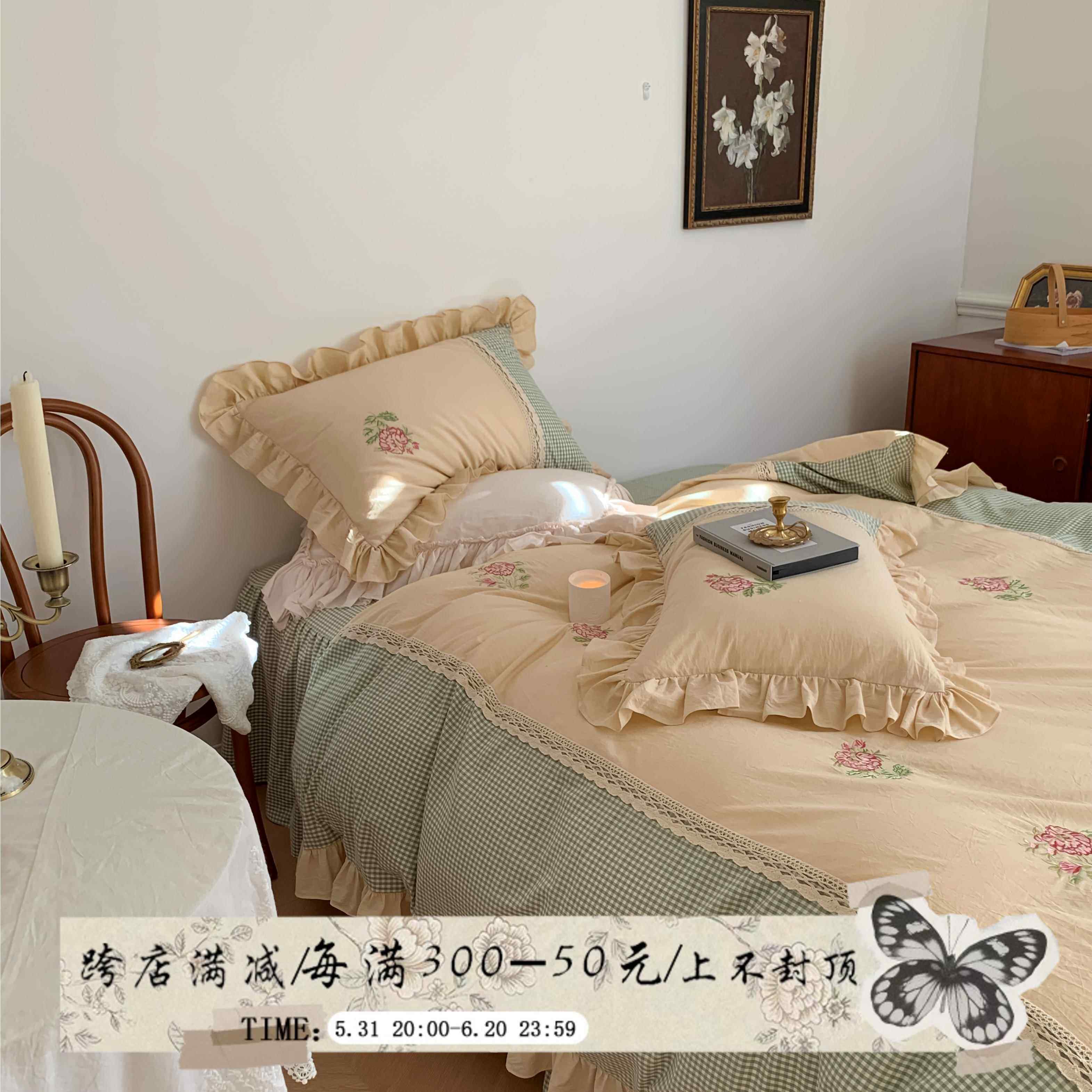 A6L玫瑰与格子庄园︱韩式刺绣公主风床裙四件套水洗纯棉花边