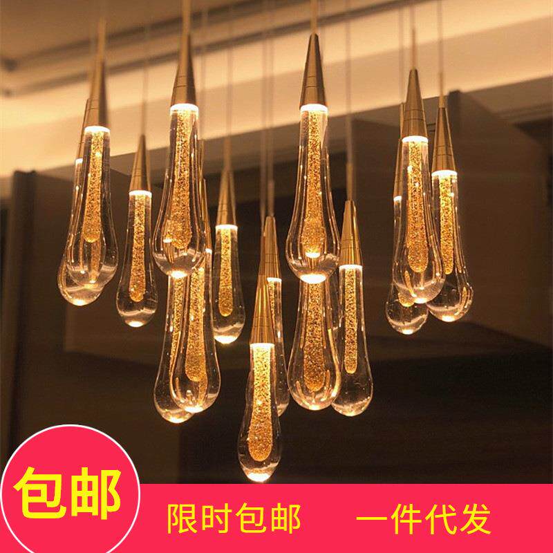 现代简约创意水晶水滴复式楼卧室床头别墅餐厅螺旋楼梯灯具 吊灯