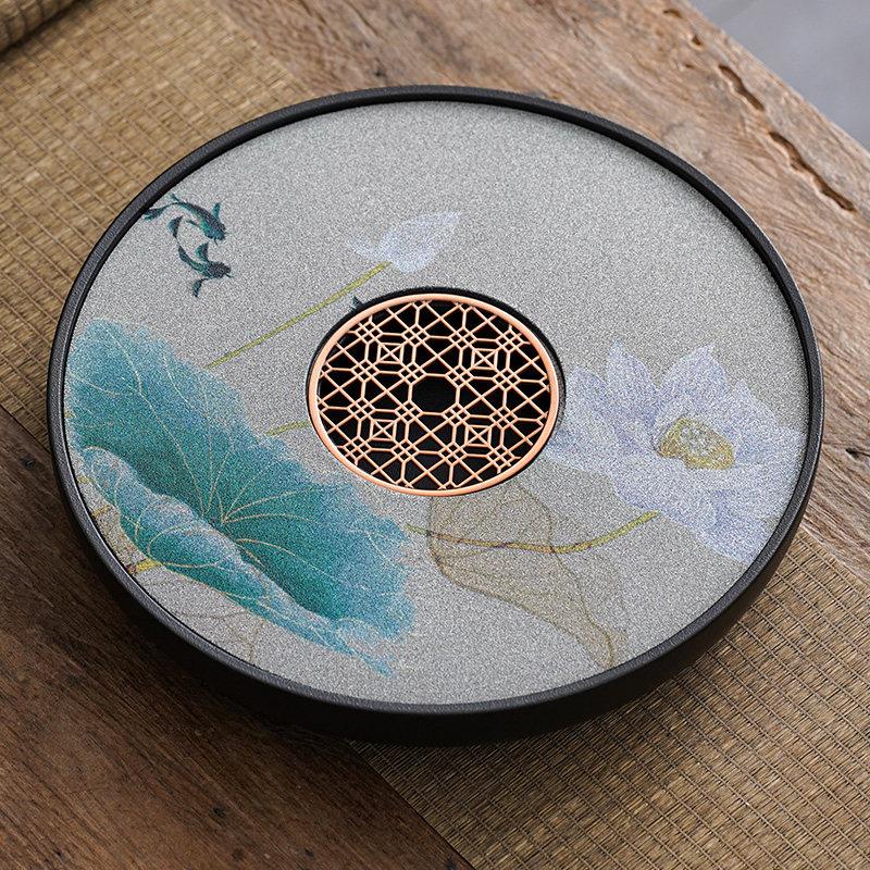 陶瓷吸水茶盘家用茶具泡茶台圆形干泡台千里江山蓄水排水式茶托盘