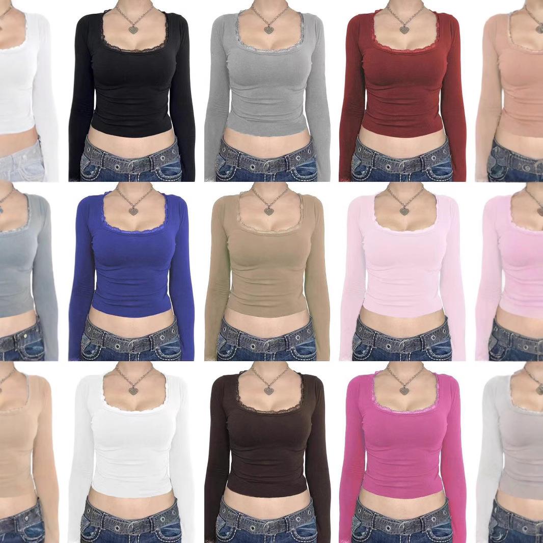 Women Lace Trim Short TShirts UNeck Long Sleeve Shirts图片