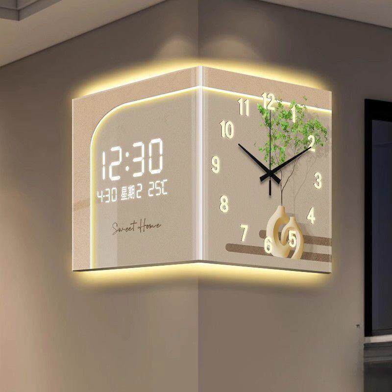双面转角时钟2024新款轻奢绿植家用简约风客厅拐角创意时钟壁灯画