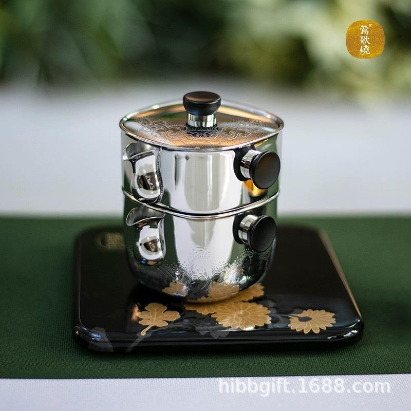 莺歌烧新品户外旅行泡茶壶带公道杯牡丹唐草纹不锈钢壶手抓壶