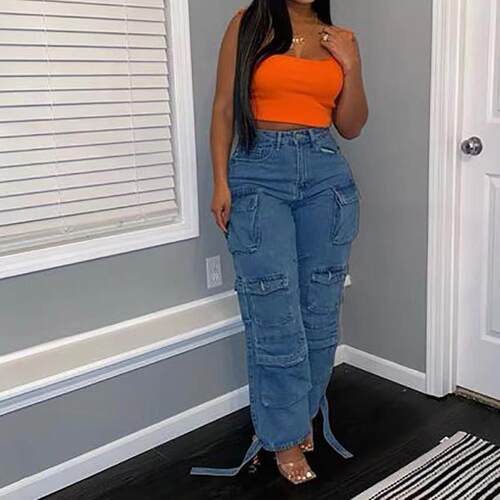 Jeans with multiple pockets, oversized jeans, work