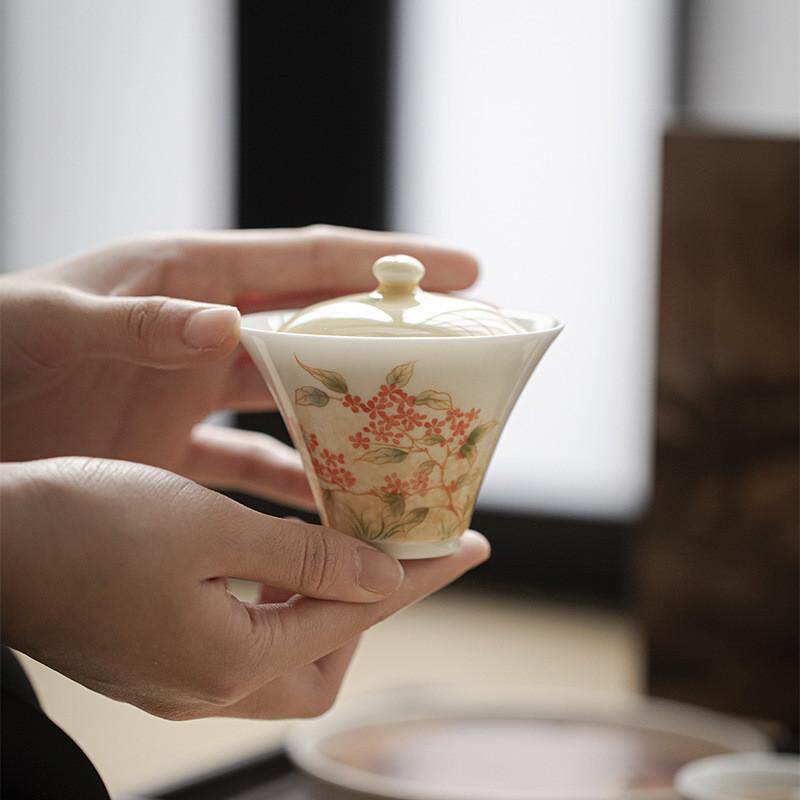 明知山志 鹅黄天雨流芳云归盖碗 功夫茶具家用手绘泡茶碗文人器