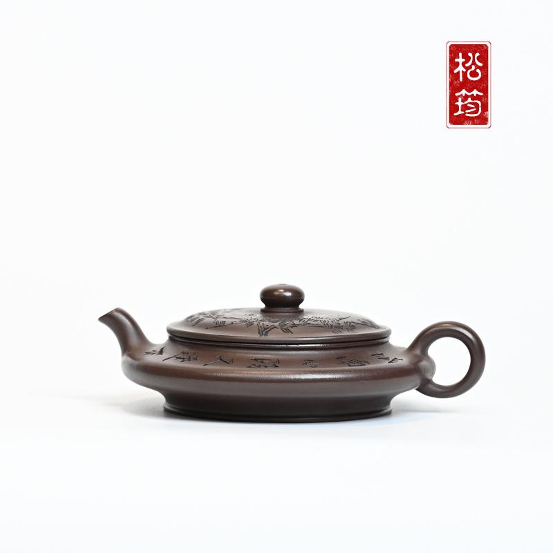 原矿老紫泥虚扁140ml纯手工小品刻绘自用宜兴紫砂壶功夫泡茶壶茶