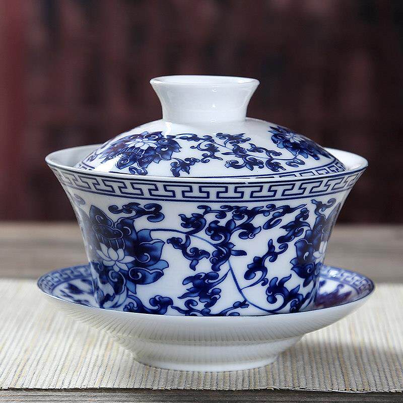 青花瓷盖碗泡茶壶 德化白瓷三才功夫茶具组 大号陶瓷敬茶碗