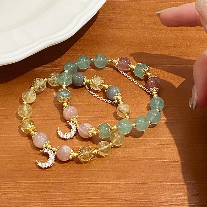 祝招财天然黄水晶手串复古设计感微镶满钻月亮造型吊坠手链