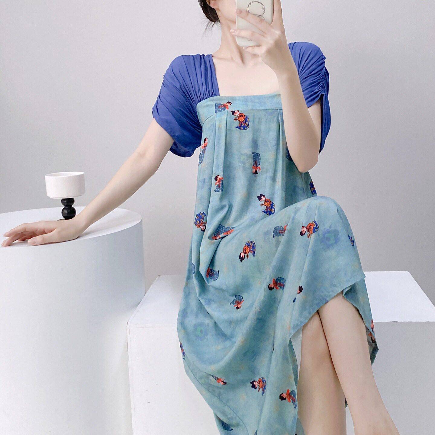 睡裙女夏短袖棉绸宽松大码可外穿家居服套装卡通睡衣系绳复古长裙