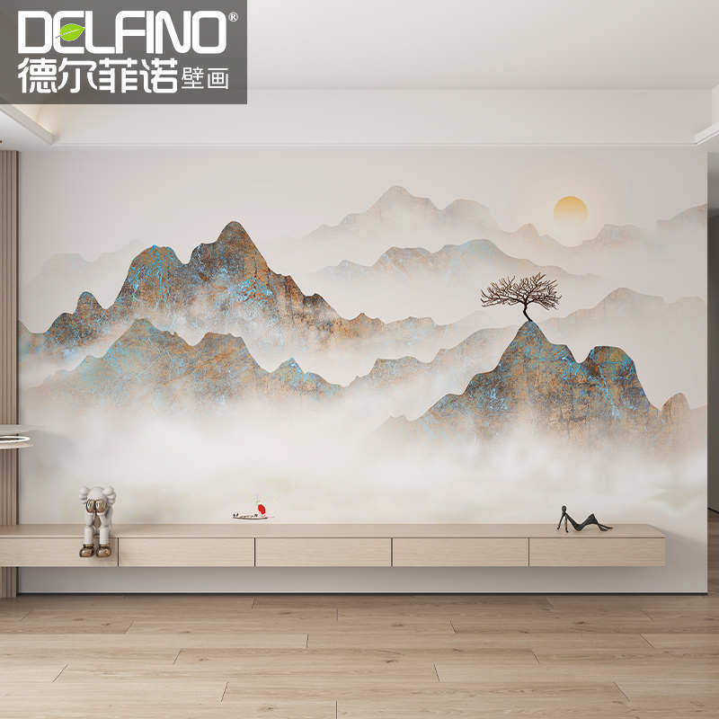 德尔菲诺新中式无缝墙布电视背景墙北欧简约山水客厅卧室定制壁画