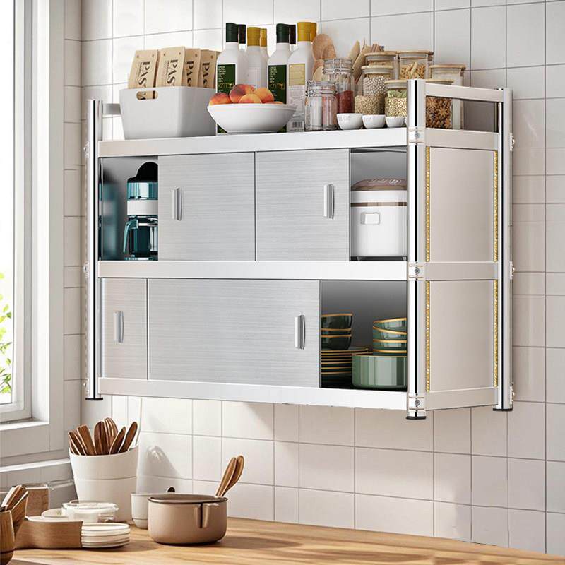 加厚不锈钢厨房置物架整体橱柜挂墙壁挂式收纳柜拉门上墙吊柜调味