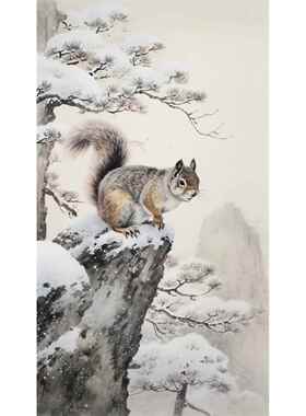 高档松油鼠拜图寿迎客松画客厅饰画新中式松树装风景玄关挂画竖版