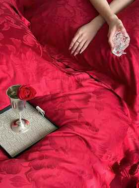 高端玫提花10婚庆长瑰绒棉四件套L20红色纯上棉被套结婚家纺床用