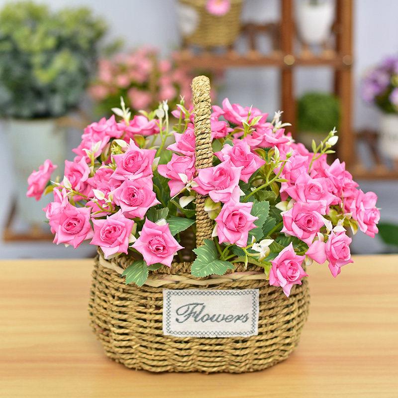 溥畔年 手工草编花篮手提编织篮田园风客厅装饰摆件插花篮假花彷