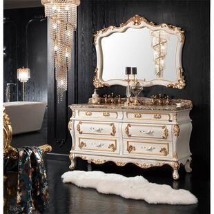 新款欧式浴室柜落地式红橡木实木双盆洗手台洗脸盆卫浴柜组合法式