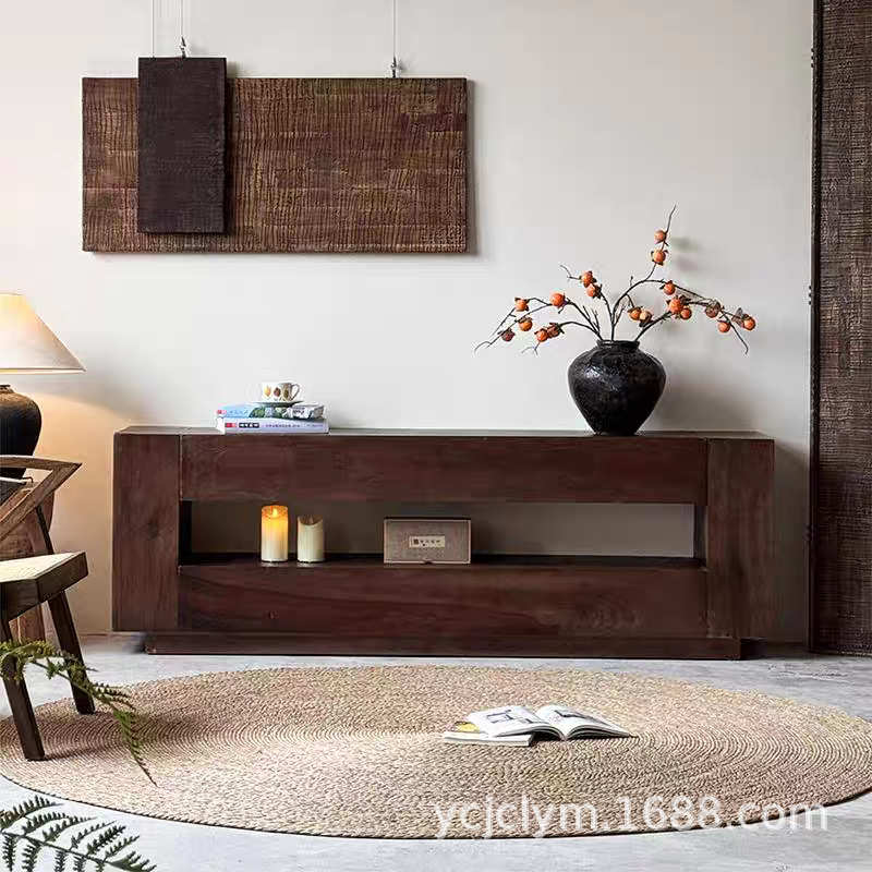 实木电视柜侘寂风老榆木家具落地边柜原木小户型客厅长储物柜