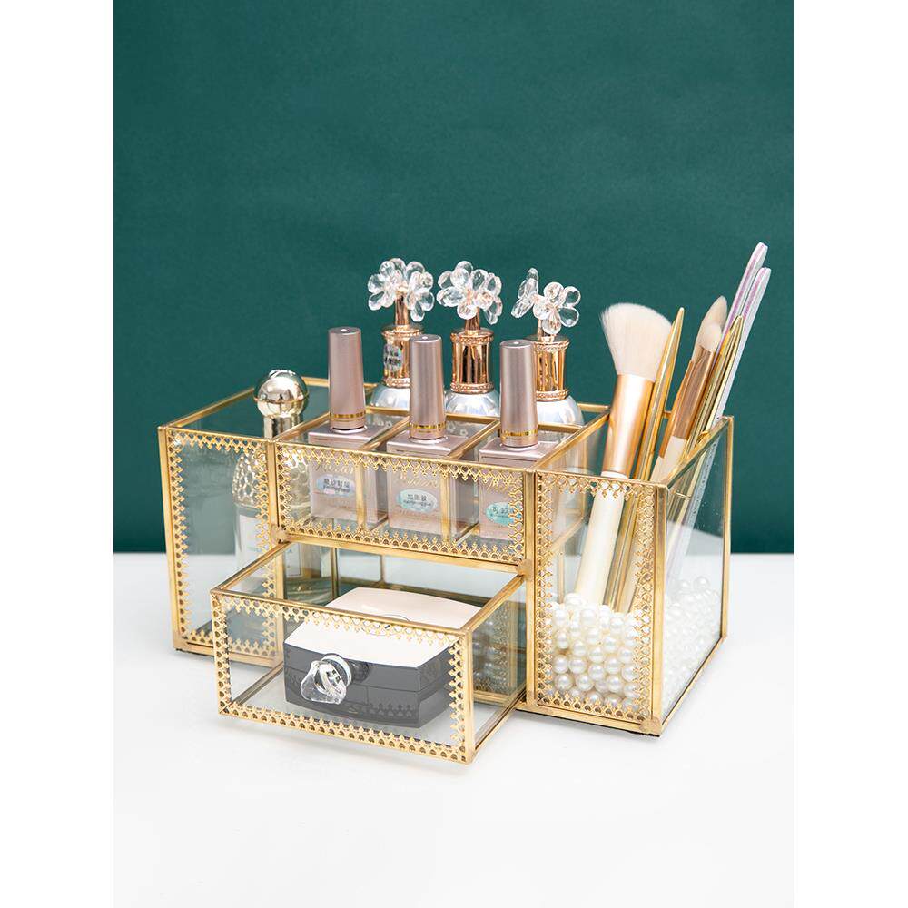 A6L美甲收纳盒金边玻璃桌面化妆品置物盒美甲店搓条工具笔筒整理