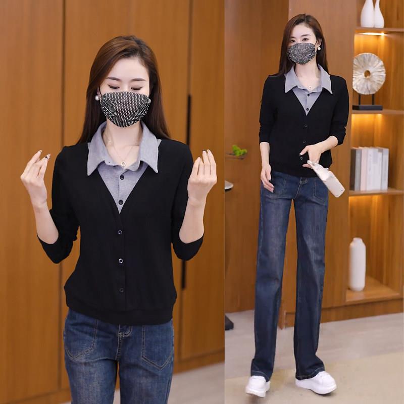 新品时尚牛仔阔腿裤套装女秋季新款假两件衬衫+窄版直筒裤休闲两