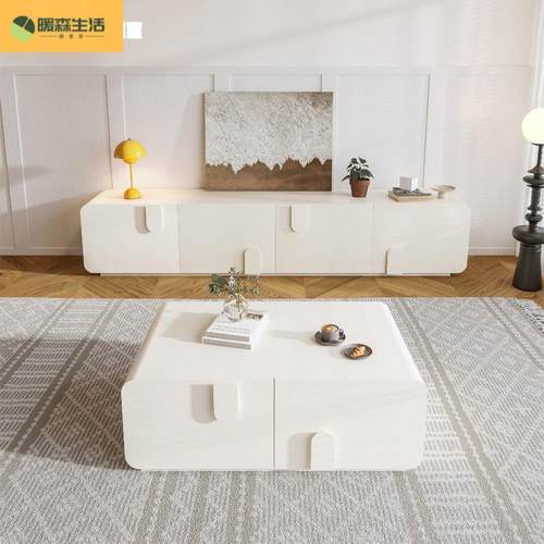 2025新款全实木电视柜茶几组合奶油风法式镂空走线简约收纳落地柜