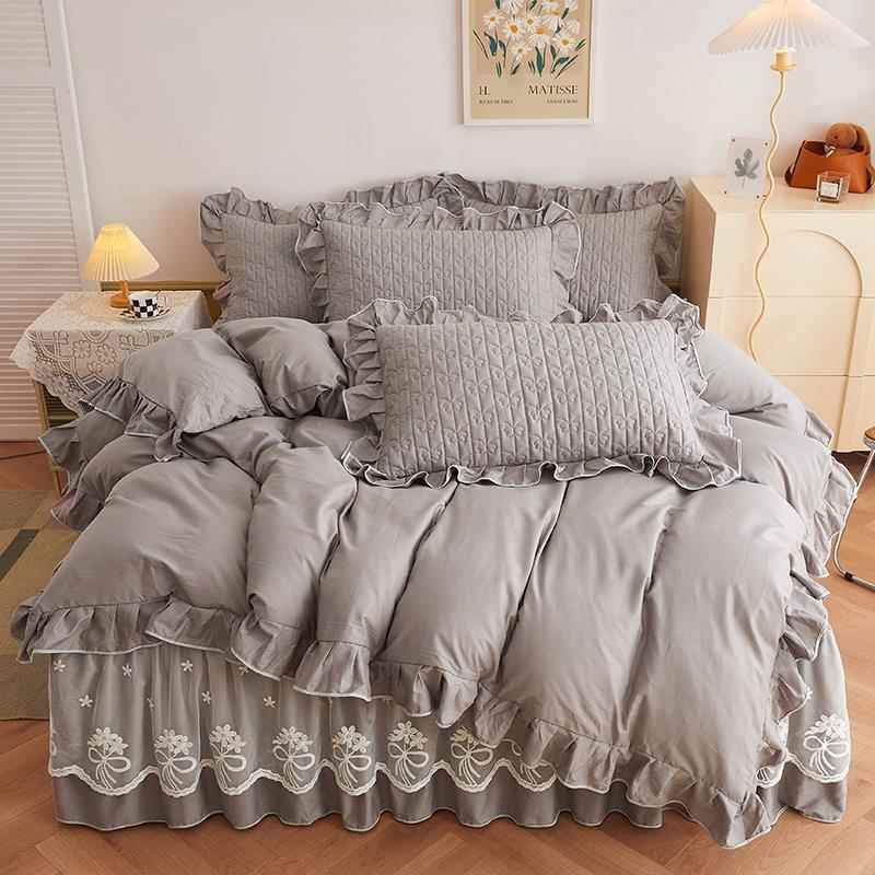 高档欧式全棉荷夹蕾棉加厚裙款四床件套丝床罩式纯棉叶边被套床上