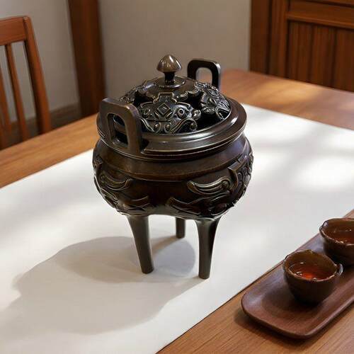 中式复古苏工铜炉紫铜家用瓜式高足冲天耳沉香香熏炉室内装饰摆件