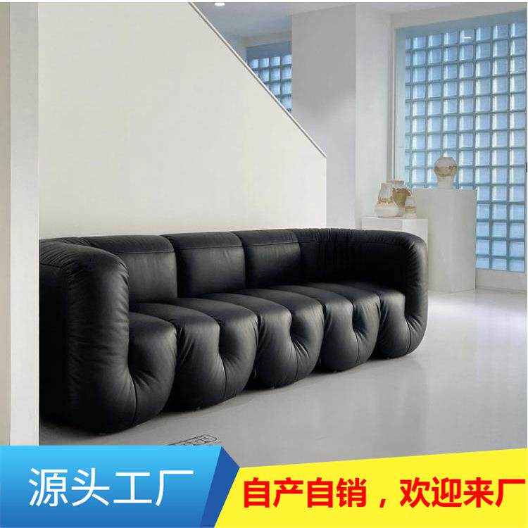 意大利民宿接待展厅复古黑皮艺沙发北欧中古S707拳头U型模块沙发