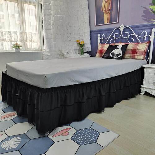 法式蕾丝床裙黑色赫本复古风弹力床围Elastic Ruffles Bed Skirt