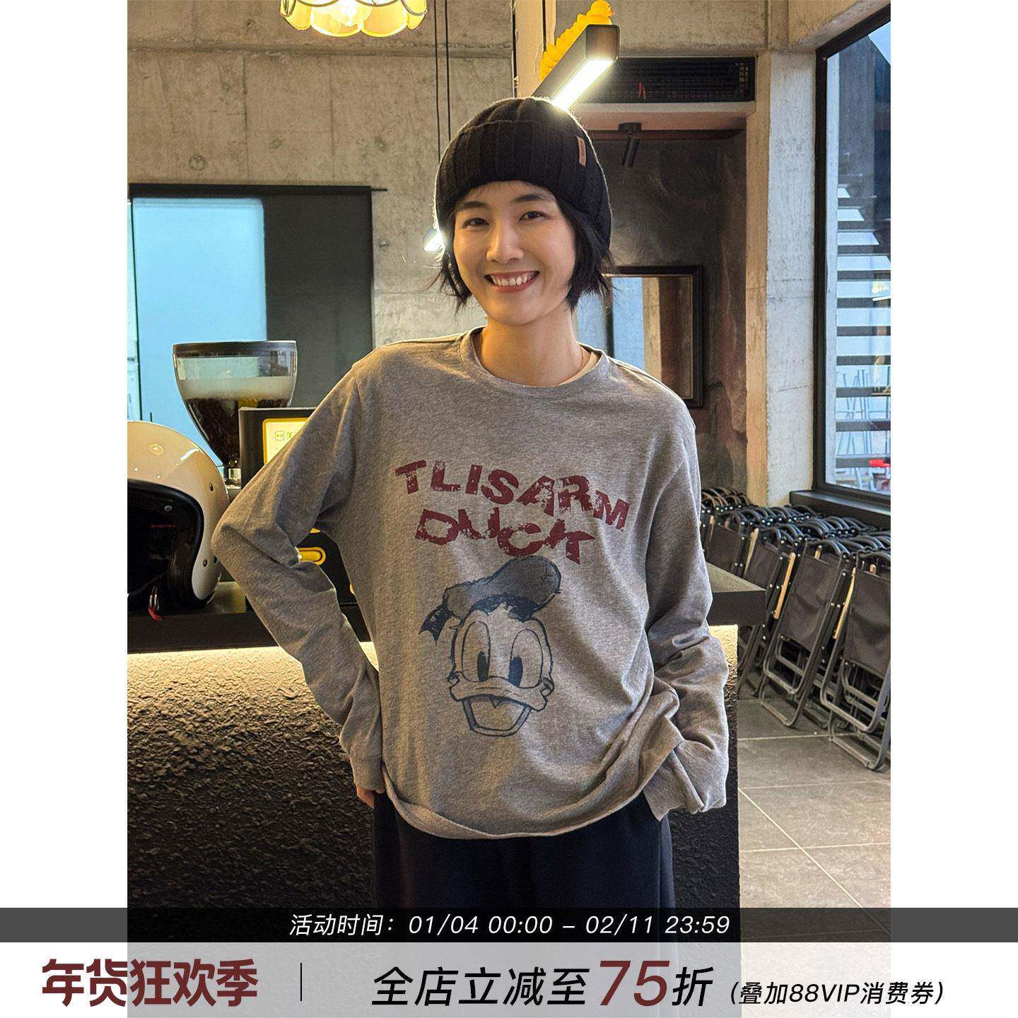 浪清灰色纯棉内搭打底衫2026新款女春季宽松卡通印花长袖t恤上衣
