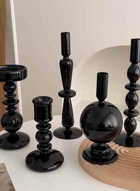 复古黑色玻璃烛台玄关电视柜客厅装饰摆件高级感小众轻奢家居饰品