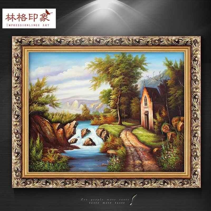 山水风景装饰画单幅画餐厅壁画仿油画走廊玄关挂画卧室墙画有框画