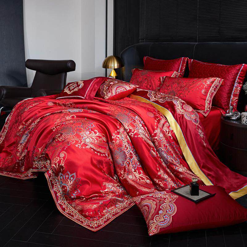 高档欧式新婚庆大红色四件套奢华别墅结婚贡缎提花十件套床盖款被