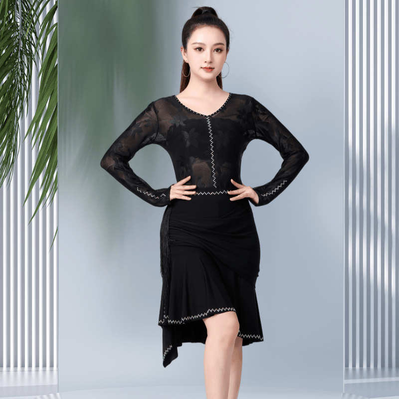 纱巴上衣时尚提花新款舞v长袖小女衫修身显网拉丁舞瘦广场吉特领