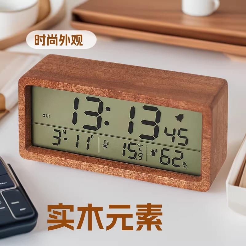 新款实木制作时钟简约温湿度1906时钟夜光床头钟大屏LCD木头闹钟
