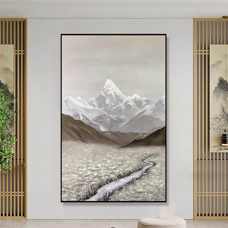 办公室山水风景画手绘油画中式入户玄关挂画客厅走廊竖版大幅壁画
