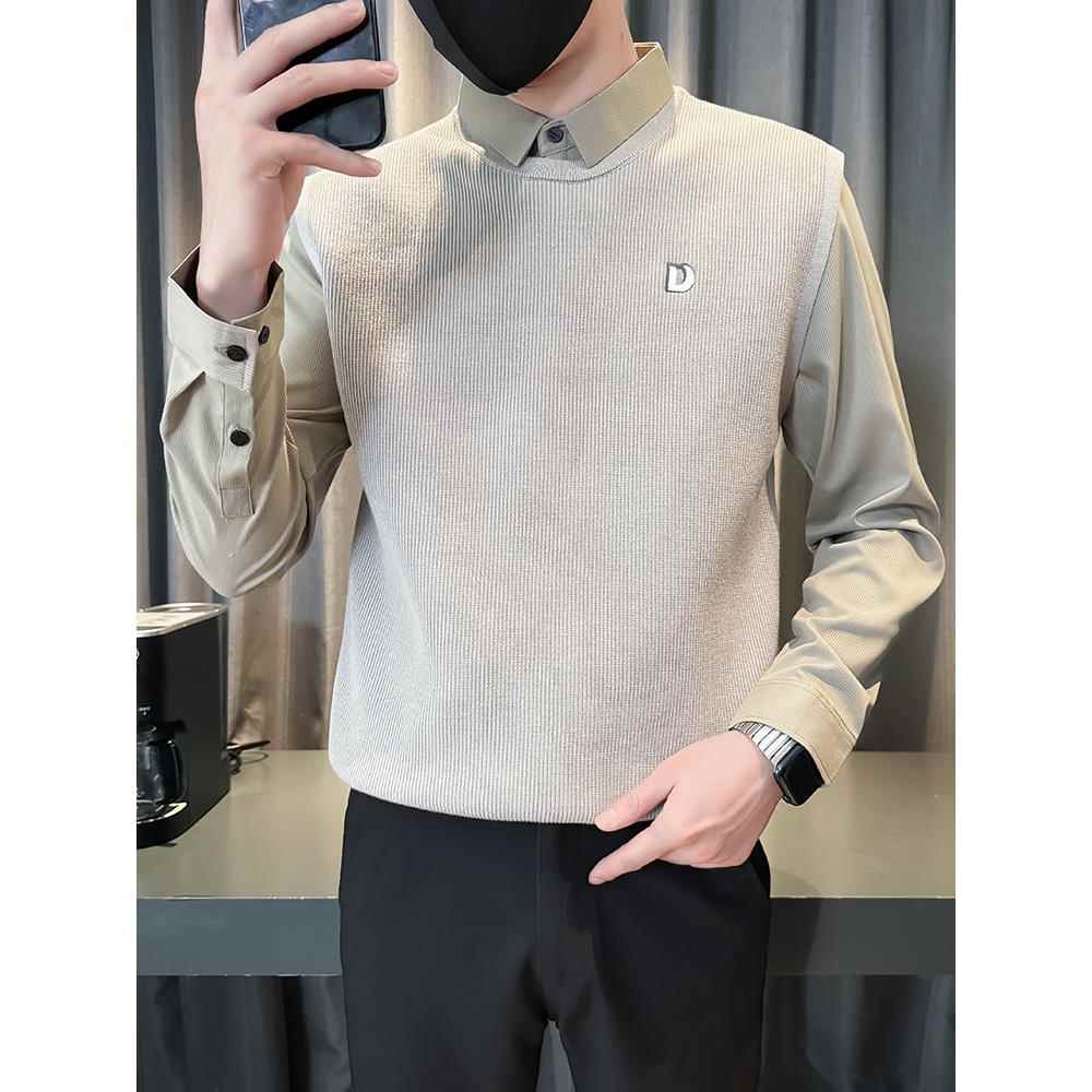 假两件长袖针织衫男款秋冬季2025新款毛衣衬衫领休闲秋冬款1204e