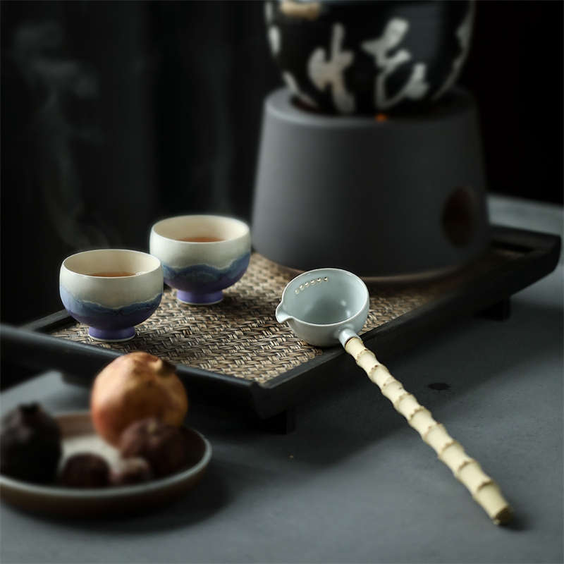 汝窑分茶勺景德镇纯手工陶瓷茶具复古长竹柄过滤分茶器茶道水舀子