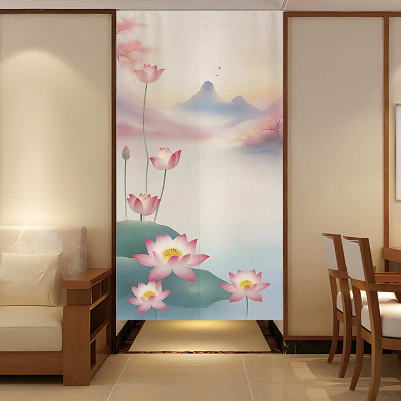 中式荷花门帘隔断帘入户玄关遮挡帘子卧室房间家用布帘卫生间挂帘
