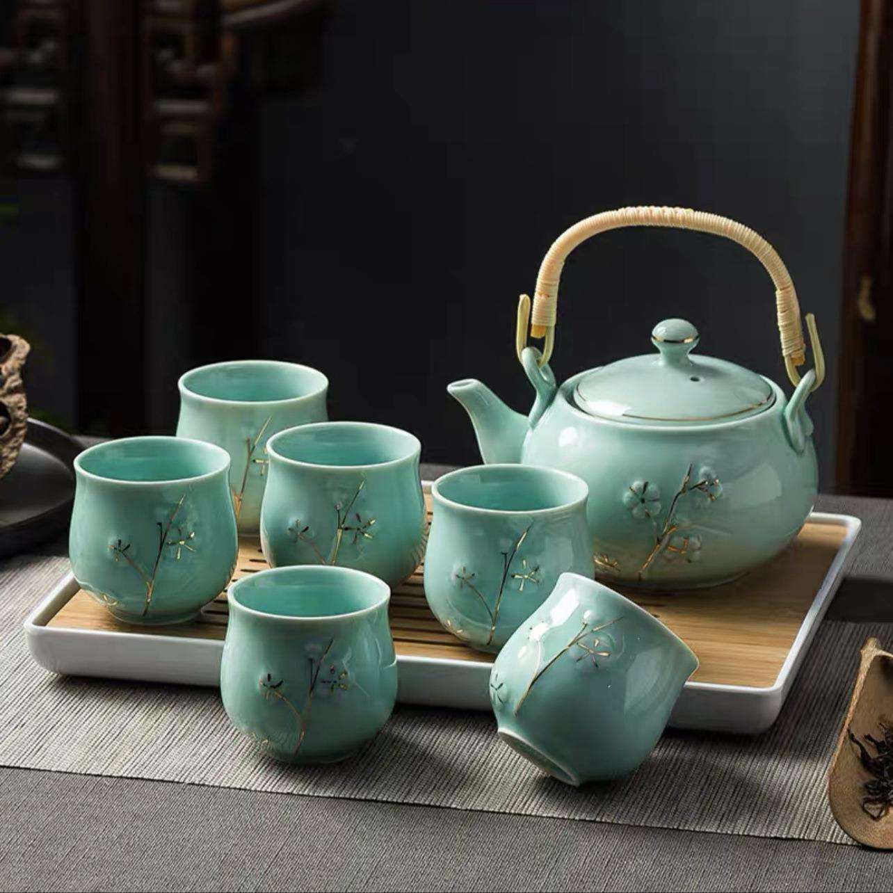 提梁壶茶具套装家用陶瓷景德镇手工描金大号茶壶茶杯简约送礼托盘
