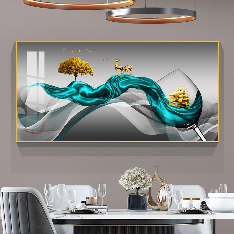 新款九鱼图餐吃装饰画轻奢现代简约饭厅酒杯壁画歺餐厅桌背厅景墙图片