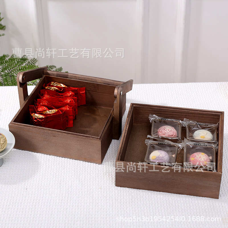 中式国风双层新年糕点包装盒提篮礼品盒实木春节点心盒简约食盒