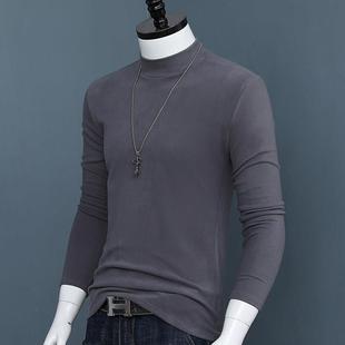 打底衫 男士 修身 T恤2025秋冬季 青年纯色上衣1221r 双面绒半高领长袖