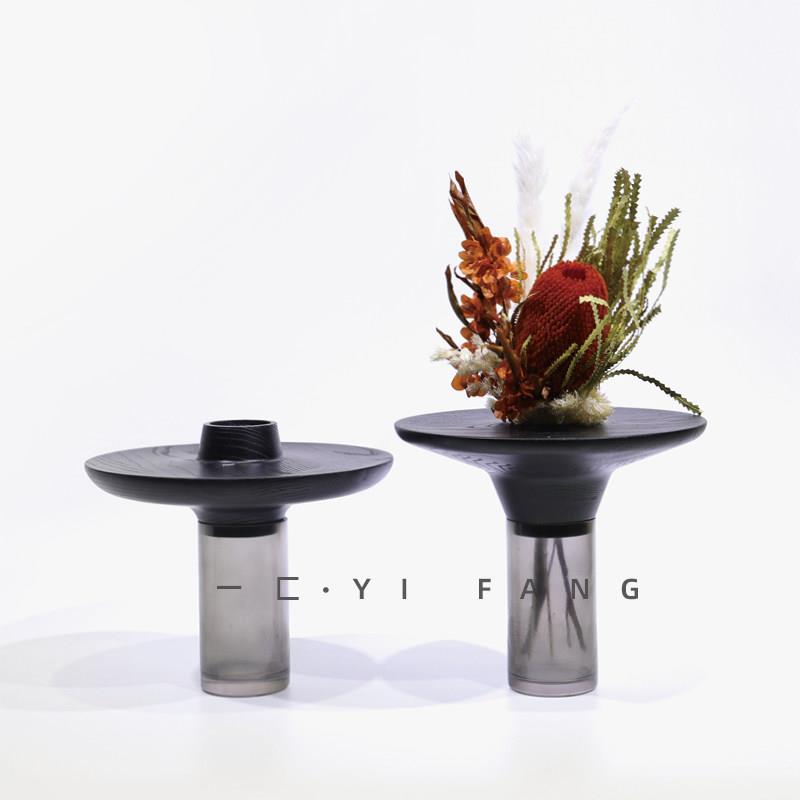 一匚 现代简约黑色实木树脂花器摆件 饭厅客厅玄关台面装饰花瓶