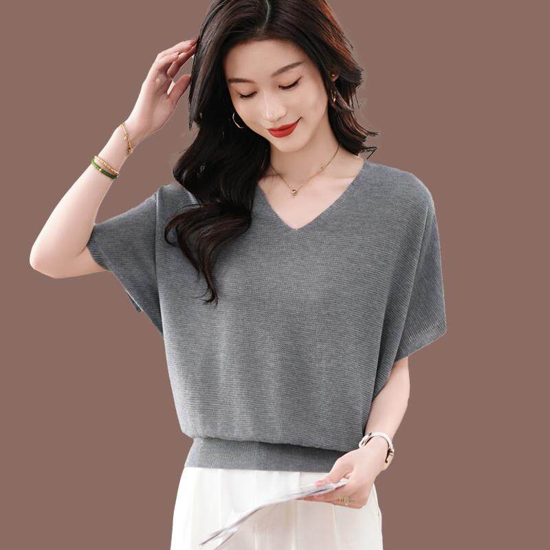 桑蚕丝蝙蝠V领短袖t恤女夏季新款高端上衣短款宽松薄款冰丝针织衫